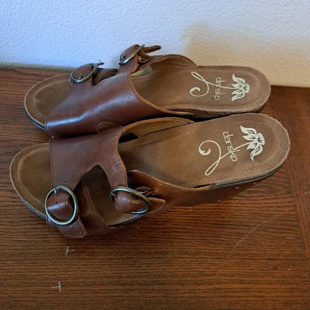 Dansko Brown Leather Double Buckle Wedge Sandals Mules Studded Womens 41